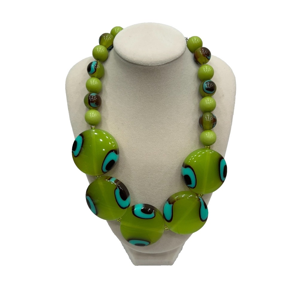 JS Artisan Lampwork Glass Bead Statement Necklace Green‎ Blue 16" Adjustable